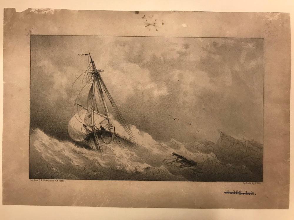 Schipbreuk, litho door F. A. Breuhaus de Groot, 19e eeuw.