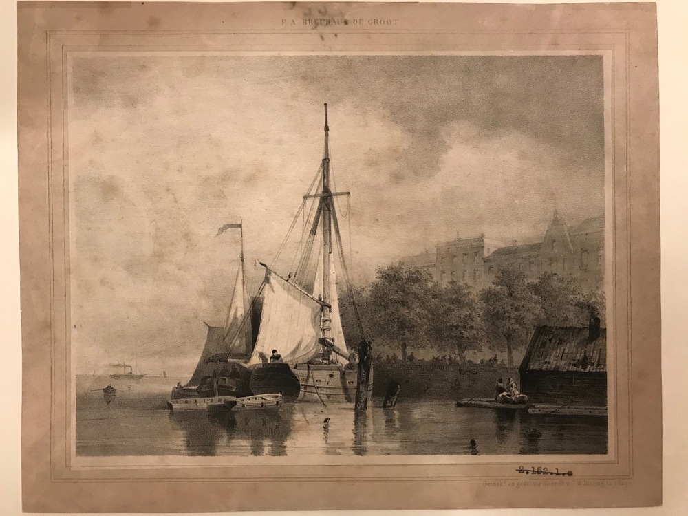 Schepen aan de kade, litho door F.A. Breuhaus de Groot