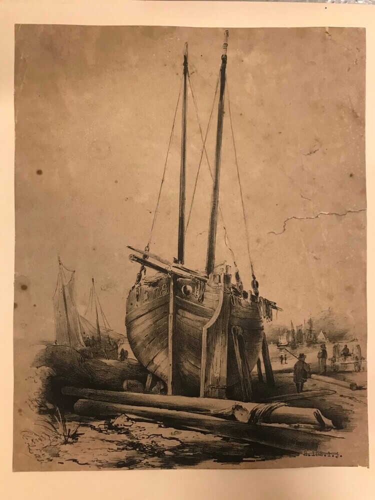Een schip op de helling, litho door C.W. Mieling, 19e eeuw.