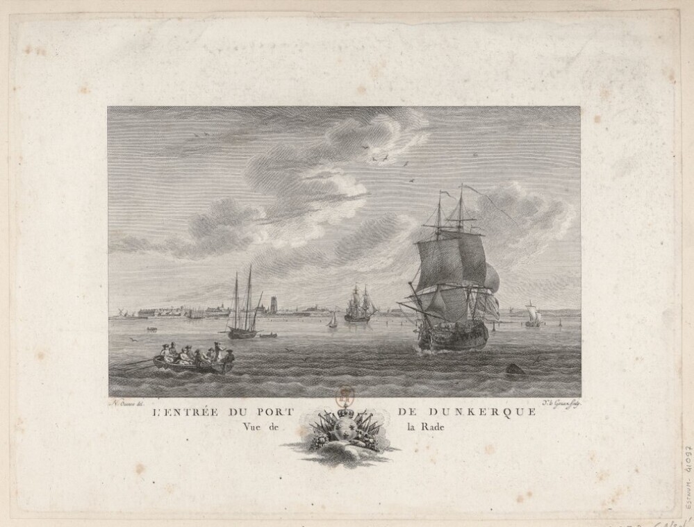 L'Entrée du port de Dunkerque, litho door Nicolas-Marie Ozanne en Y. le Gouaz, circa 1776-1785