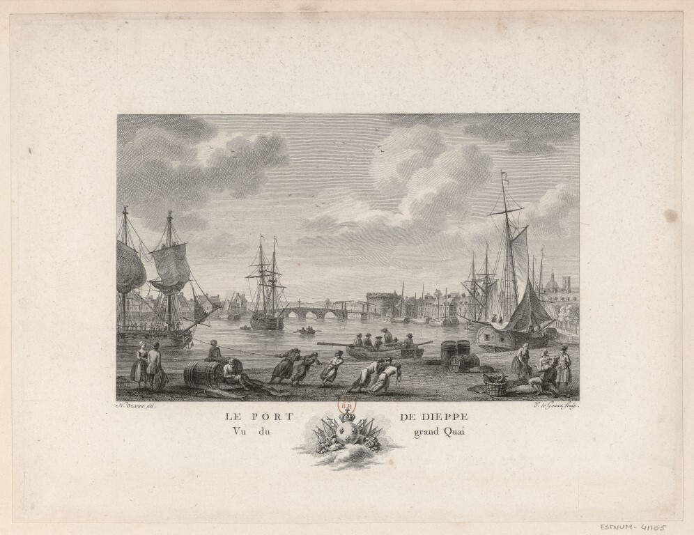 Le port de Dieppe, vu du grand quai, litho door Nicolas-Marie Ozanne en Y. le Gouaz, circa 1776-1785