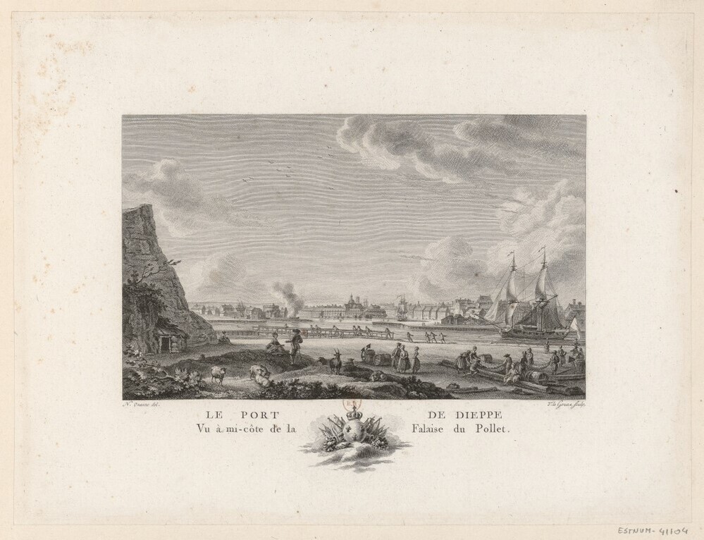 Le port de Dieppe, vu à mi-côte de la Falaise du Pollet, litho door Nicolas-Marie Ozanne en Y. le Gouaz, circa 1776-1785