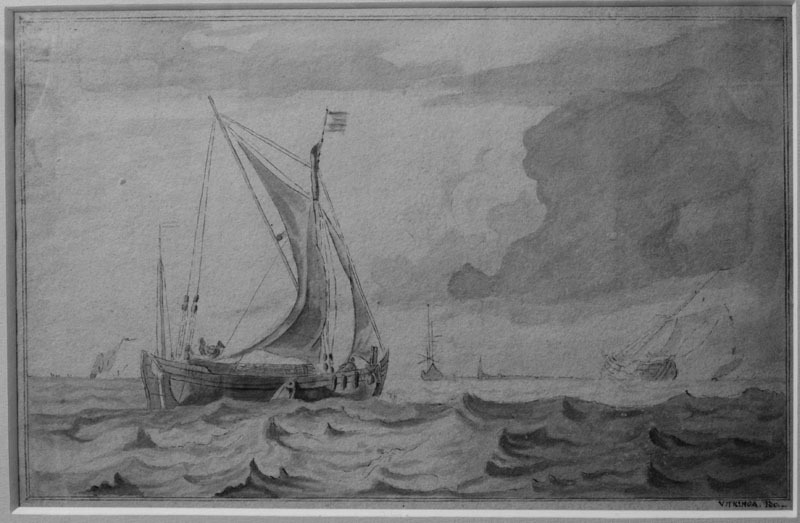 Afbeelding van een smak en enkele schepen op zee, door Wigerus Vitringa, 17e eeuw