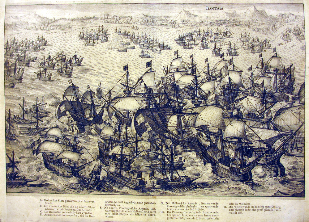 Portugezen die Bantam verlaten, litho door B. Dolendo