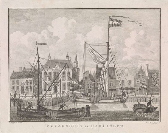 Stadhuis te Harlingen, Friese tjalk, Laatste Friese Statenjacht, gravure door D. de Jong, 1786