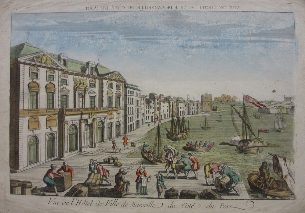 'Vue de l'Hôtel de Ville de Marseille du côté du port', gekleurde gravure, 1700-1780