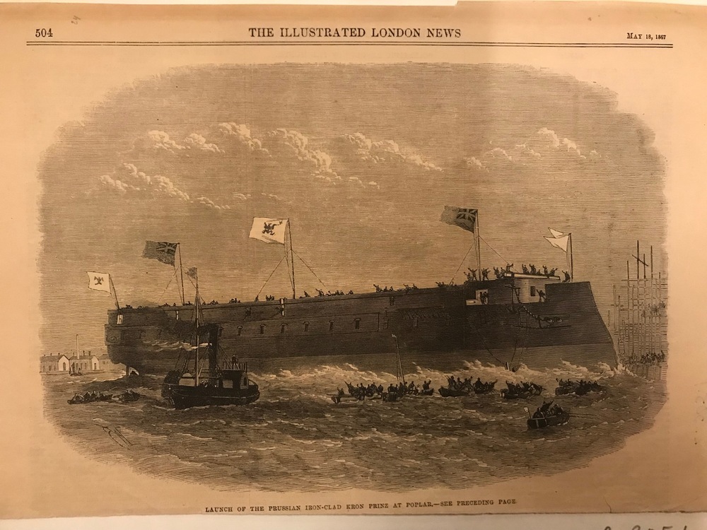 'Launch of the Prussion ironclad Kronprinz at Poplar', prent, 1867