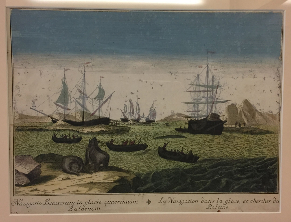 Ingekleurde gravure van een poolzee met schepen, anoniem 18e eeuw.