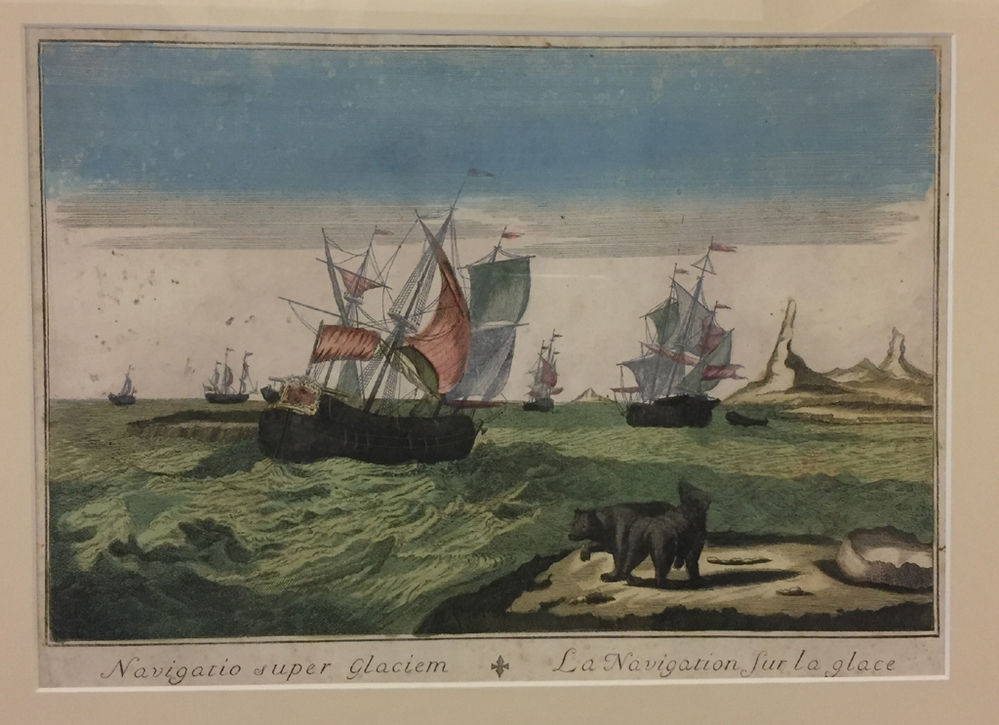 Ingekleurde gravure van een poolzee met schepen, anoniem 18e eeuw