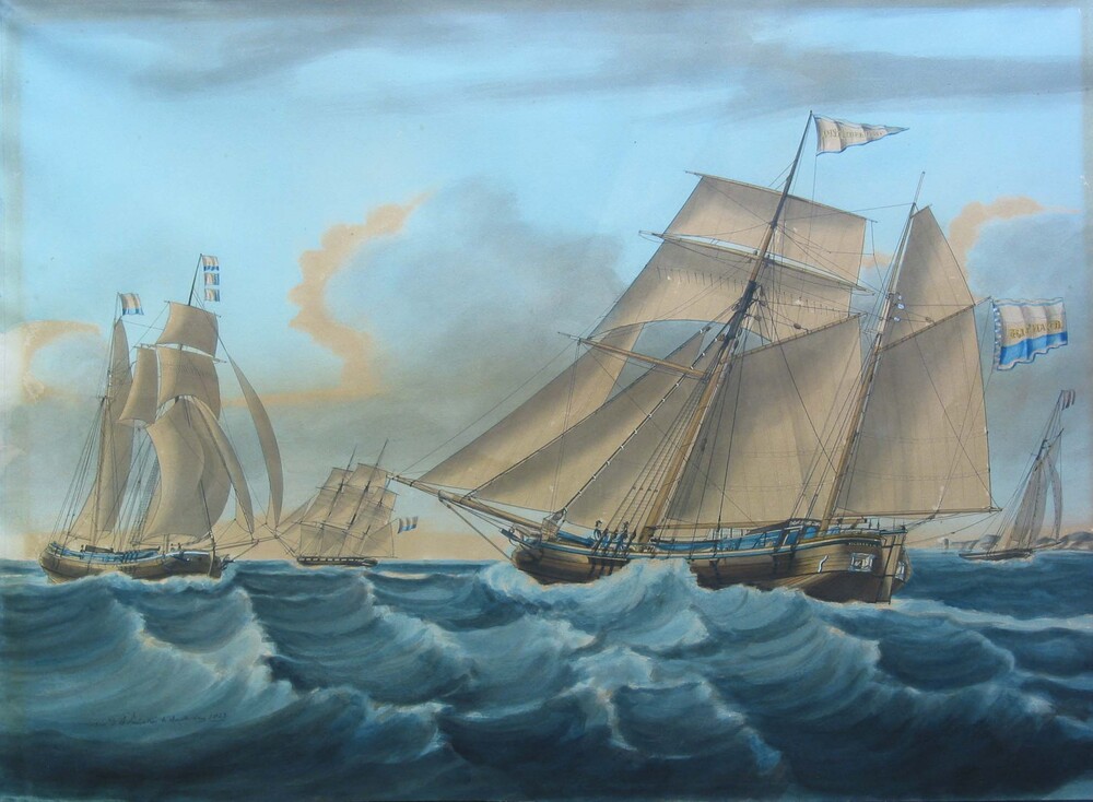 Scheepsportret van het kofschip Richard van Veendam, aquarel door D.A.J.F. Teupken, 1843