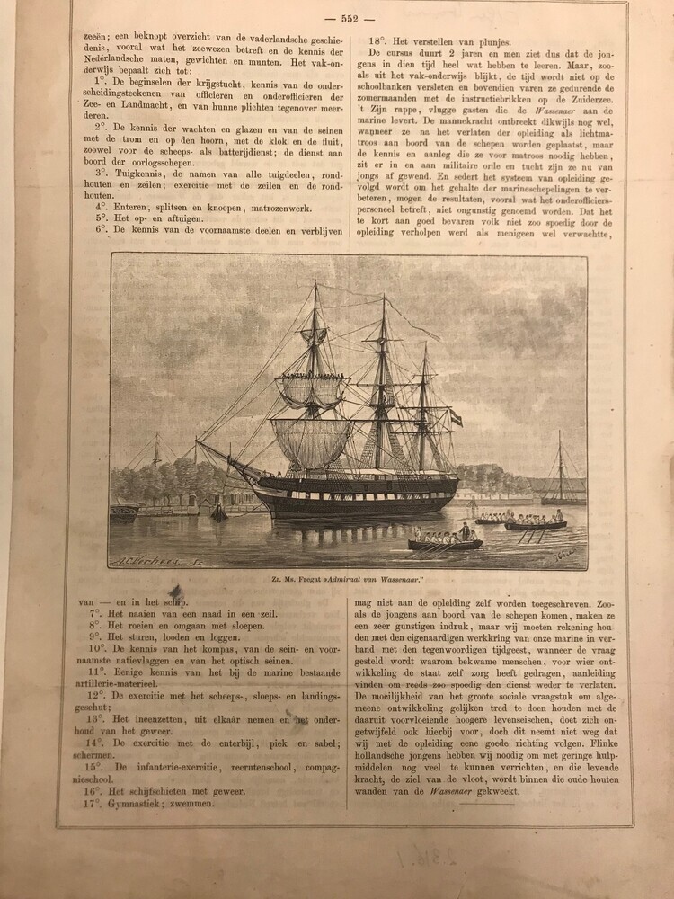 Pagina's 551 en 552 uit het tijdschrift 'Eigen haard' uit 1881, over Zr. Ms. Fregat Admiraal van Wassenaar, met gravure van A.C. Verhees