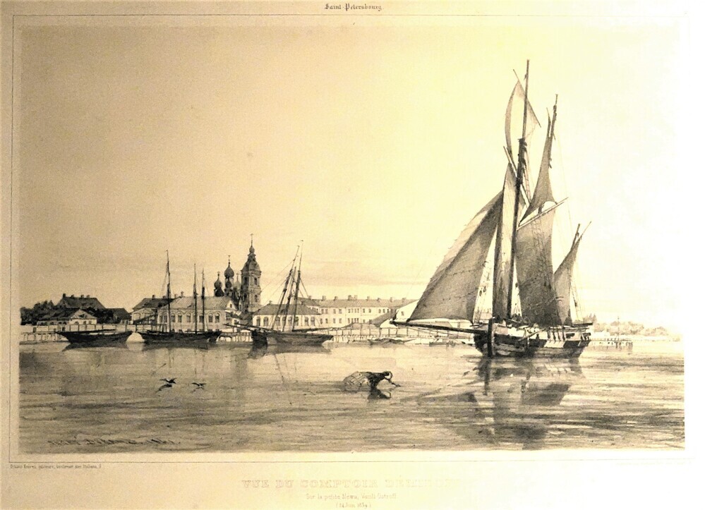 Saint-Petersbourg: Vue du comptoir Demidoff. Sur la petite Newa, Vacili-Ostroff. (24 Juin 1839), litho door André Durand, 1841