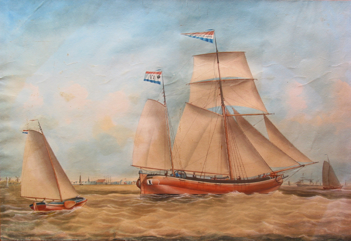 Scheepsportret van het kofschip Anna Catharina van kapitein Gerrit Grilk van Schiermonnikoog, aquarel door J. Spin, 1857