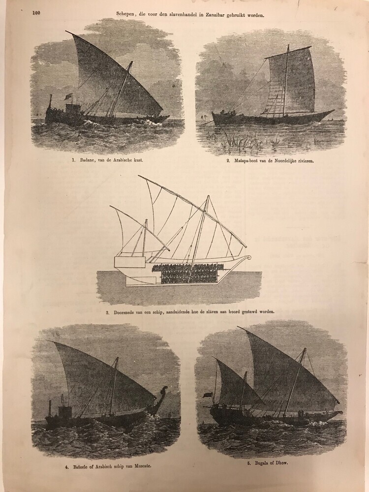 Schepen die voor de slavenhandel in Zanzibar gebruikt worden, litho uit het Geïllustreerd Volksblad, ca. 1873