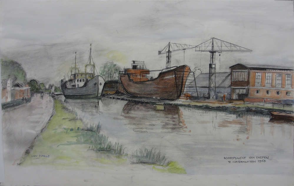 Tekening/gouache scheepswerf van Diepen te Waterhuizen 1953, W.B. van Marle