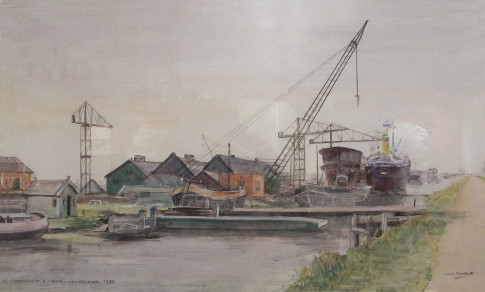Scheepswerf E.J. Smit te Westerbroek, gouache door W.B. van Marle 1953