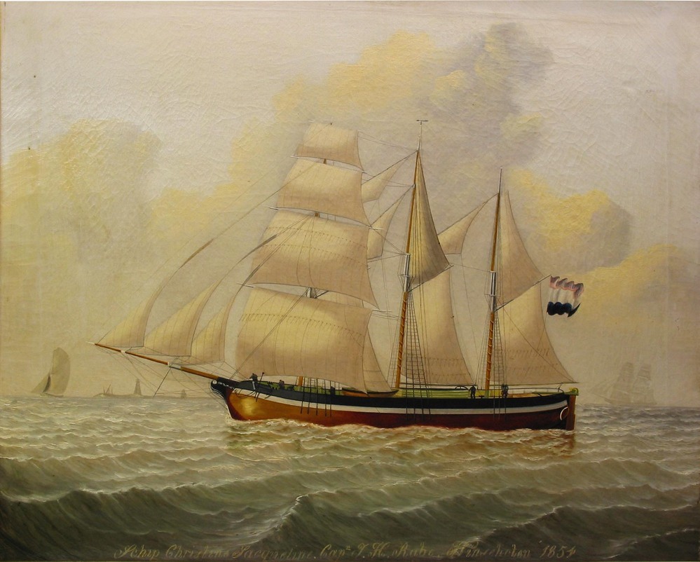 Galjoot 'Christina Jacqueline' met volle zeilen op zee, kapitein J.H. Rabe uit Winschoten, olieverf op doek door A.J. Engelkes, 1854.
