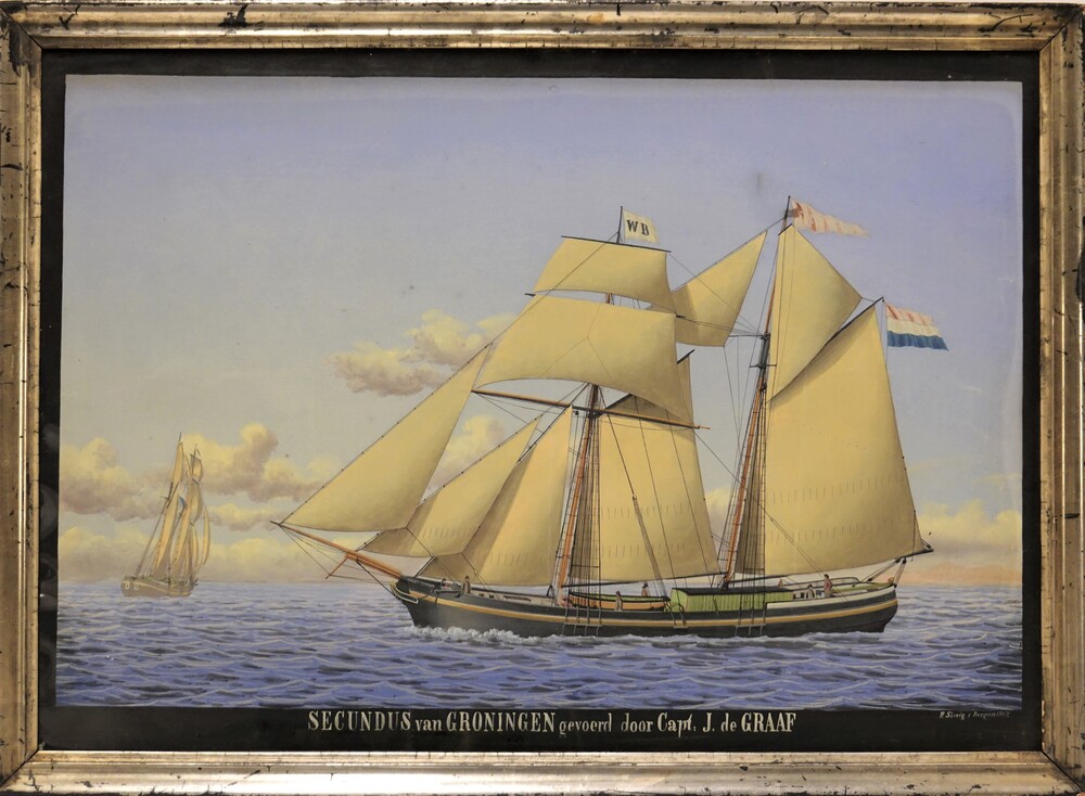 Scheepsportret van de schoenergaljoot Secundus, aquarel door F. Sörvig, 1867