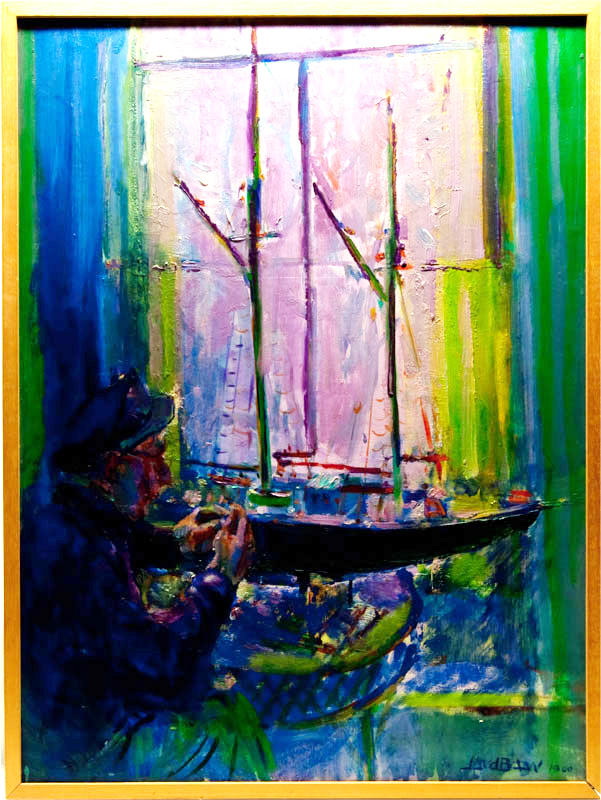 Schipper Hoogeveen bezig met het maken van een model van een schoener, olieverf op board door Jan Lucas van der Baan, 1960.