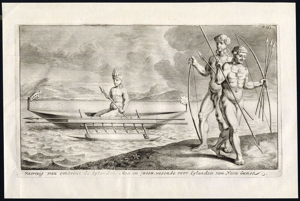 'Vaertuig van omtrent de Eylanden Moa en Jnsou wesende voor Eylanden van Nova Gunea', gravure door Nicolaes Witsen, circa 1700-1800
