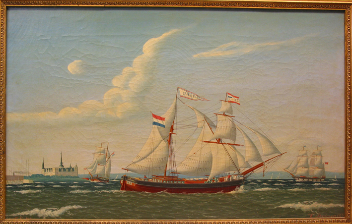 Scheepsportret van de schoenergaljoot 'Gratitude' van kapitein Harm B. Kolk uit Wildervank, zeilende in de Sont bij kasteel Kronborg, olieverf op doek door C. Locher, 1868.