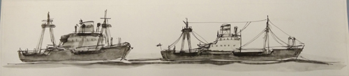 Twee passerende schepen in de Oostzee, tekening door Jannes de Vries 1961