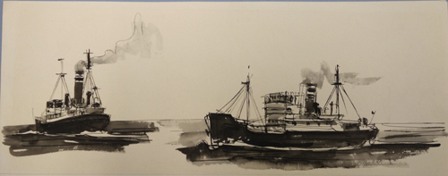 Twee passerende schepen in de Oostzee, tekening door Jannes de Vries, 1961