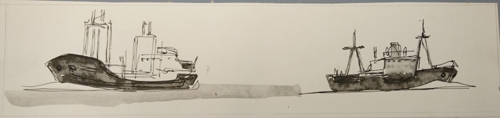 Twee passerende schepen in de Oostzee, tekening door Janners de Vries, 1961
