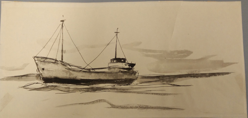 Een passerend schip in open zee, tekening door Jannes de Vries, 1961.