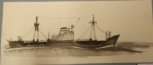 Een passerend schip op open zee, tekening door Jannes de Vries 1961.