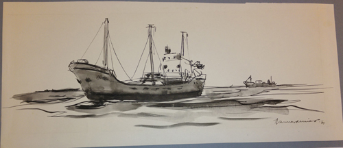 Passerende coasters, tekening door Jannes de Vries 1961.