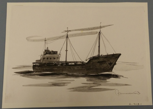 Coaster Eems in de Oostzee, tekening door Jannes de Vries, 1961