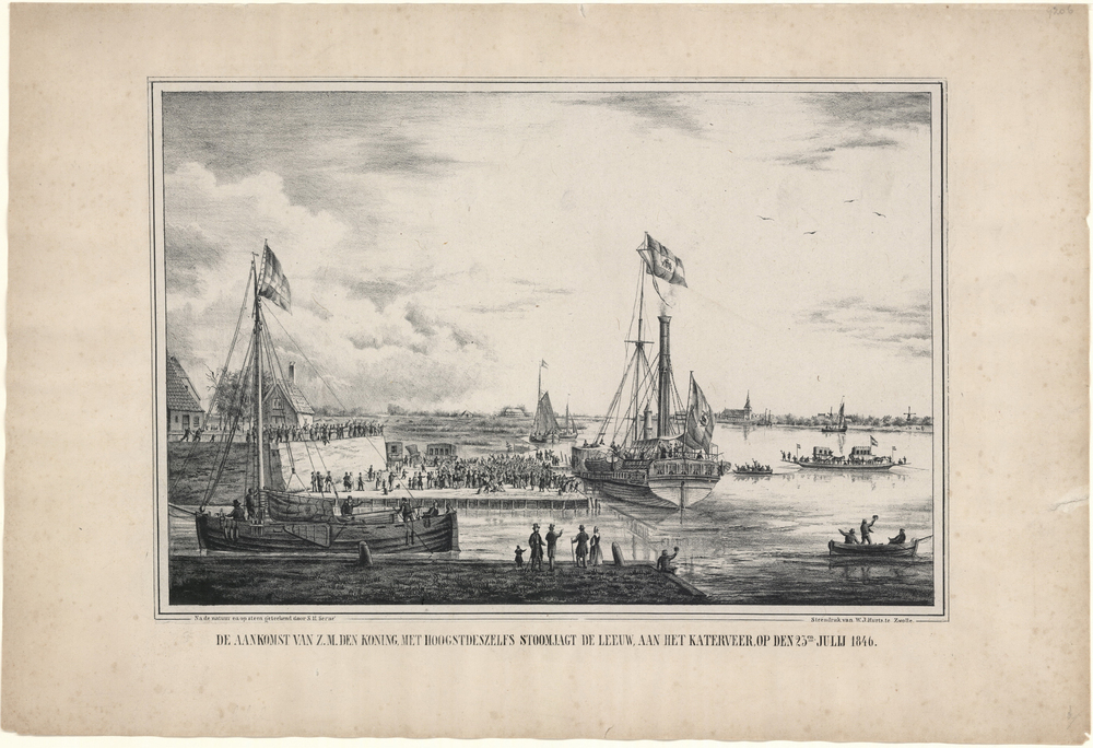 De aankomst van koning Willem II aan het Katerveer op 23 juli 1846 met het stoomjacht De Leeuw, getekend en op steen gebracht door Samuel Hendrik Serné (1826-1879), gedrukt door W.J. Hurts (1815-?), circa 1850
