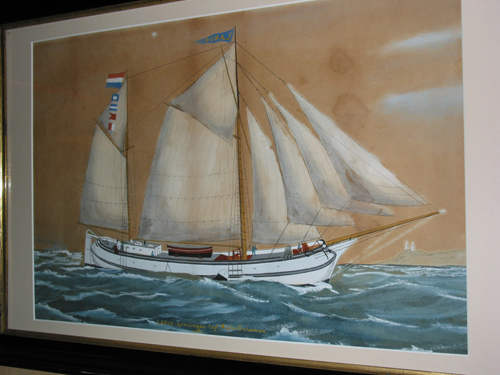 Scheepsportret van de tweemast koftjalk Larus van kapitein Pieter Buisman, anonieme aquarel, omstreeks 1900