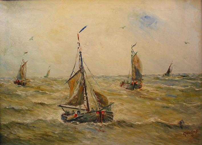 Bommen op zee, olieverf op doek door G. Martens, 1939
