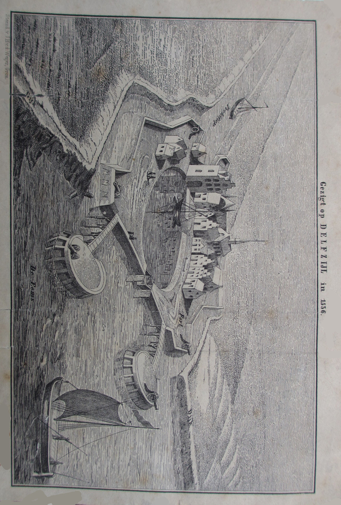 'Gezigt op Delfzijl in 1536", steendruk door J.H. van de Weijer, Groningen naar een ouder voorbeeld, circa 1842-1876