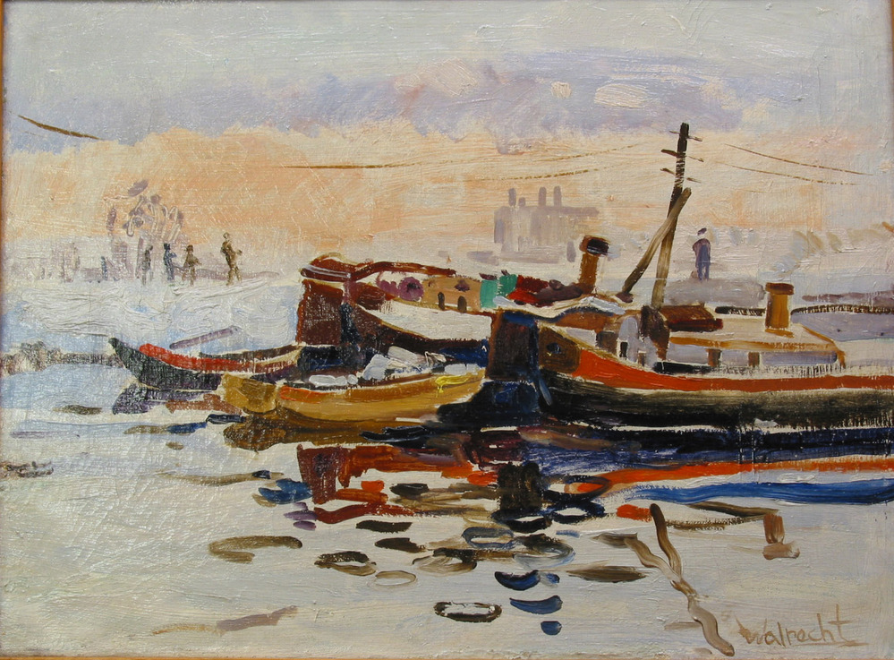 Binnenschepen in het Eemskanaal te Groningen, olieverf op doek door B. Walrecht, circa 1925-1952.