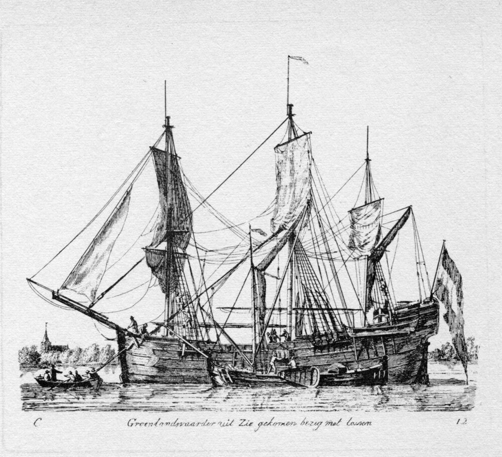 Groenlandsvaarder uit Zee gekomen bezig met lossen, kopergravure door Gerrit Groenewegen, 1789