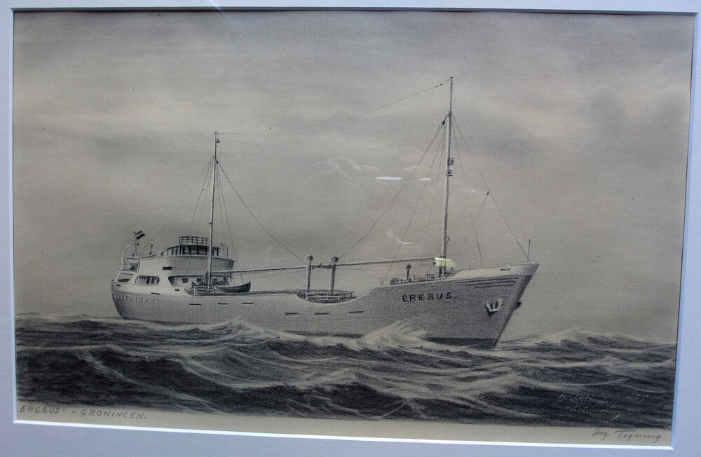 De kustvaarder "Erebus", potloodtekening door O. Stoltenberg, 1955