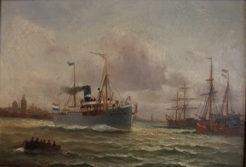 De 'Hunze IX' in de haven van Hamburg, olieverf op doek door Alfred Jensen, 1903.