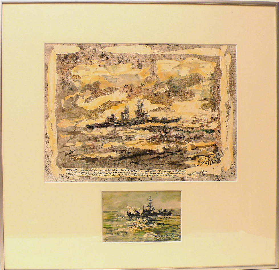 Twee oorlogsschepen waaronder de 'Scharnhorst' Hamburg, gemengde techniek, 1990.