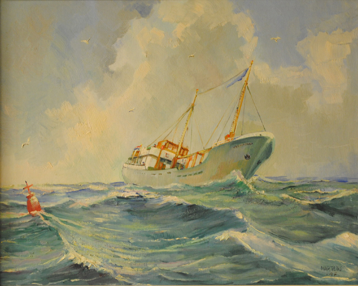 De kustvaarder 'Jacob Oorburg' op volle zee, olieverf op doek, door G.G. Martens, 1947.