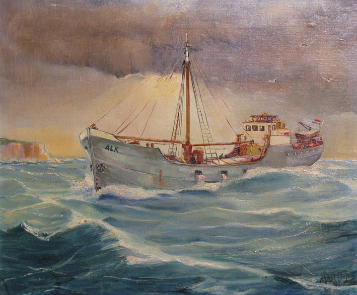 Scheepsportret van de kustvaarder 'Alk', olieverf op doek door G.G. Martens, 1951.