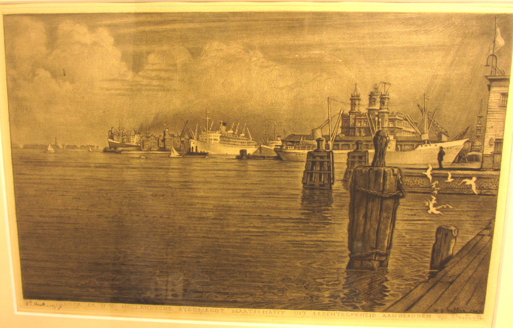 Gezicht op de Amsterdamse haven en het IJ, litho door door W.G. Hofker, 1947