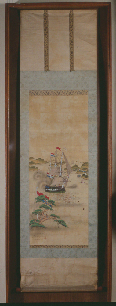 Kakemono met afbeelding van de haven van Nagasaki en een Nederlands oorlogsschip, 1863
