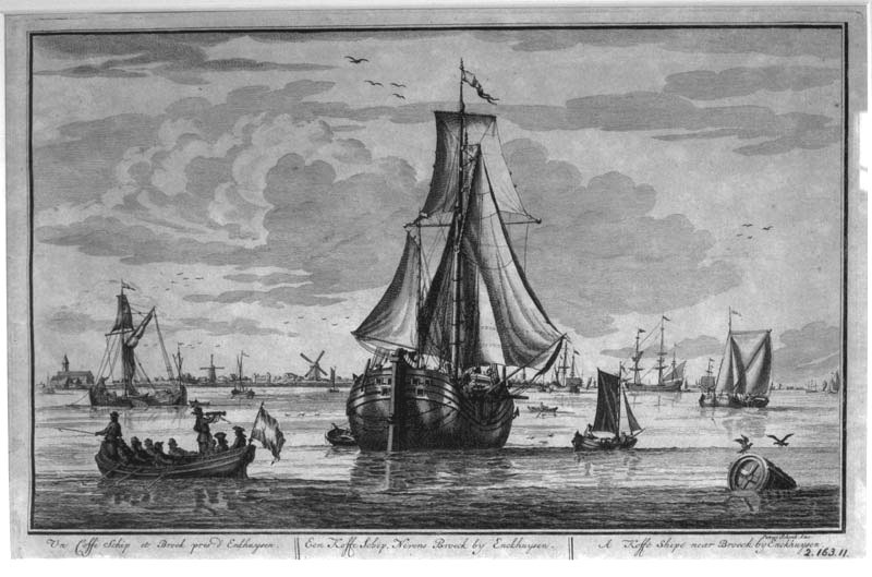 Kofschip en smak bij Enkhuizen, gravure door S. van der Meulen en A. van der Laan, ca. 1720