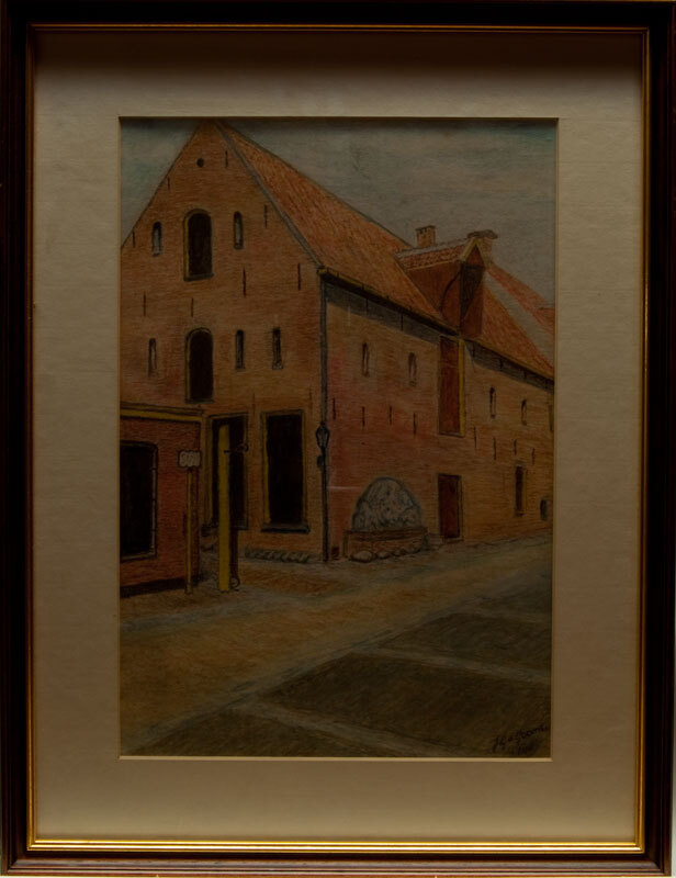 Binnenplaats Het Noordelijk Scheepvaartmuseum, krijttekening door J.G.Gooms, 1988