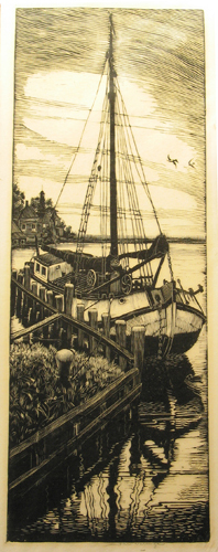 Een afgemeerde tjalk, linoleumsnede door Jan Veringa, 1920