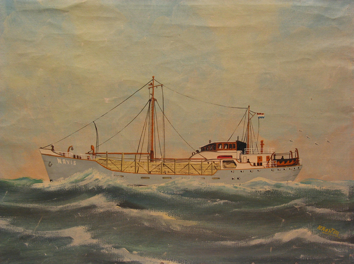 Scheepsportret van kustvaarder 'Navis', olieverf op doek door Klaas Koster, ca. 1950-1990.