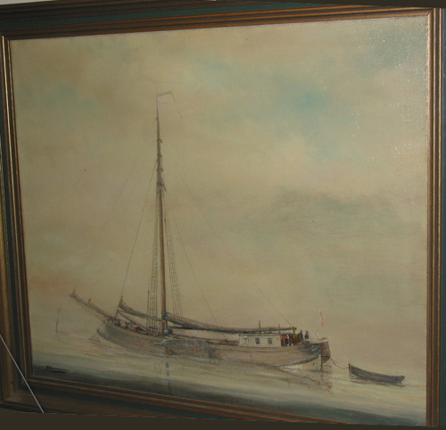 Koftjalk ten anker op 't wad bij nevelig weer, olieverf op doek door H. Hamminga.